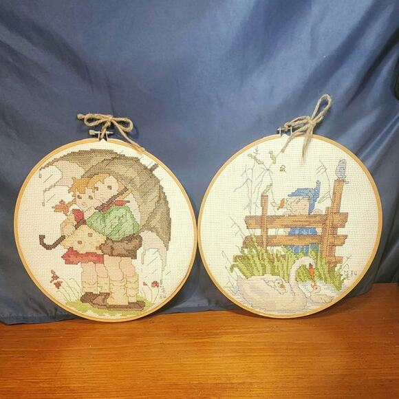 2 Vtg‎ Hummel Embroidery Wall Art Children Cross Stitch 1984 Bird Duck Hand Made - Picture 1 of 9